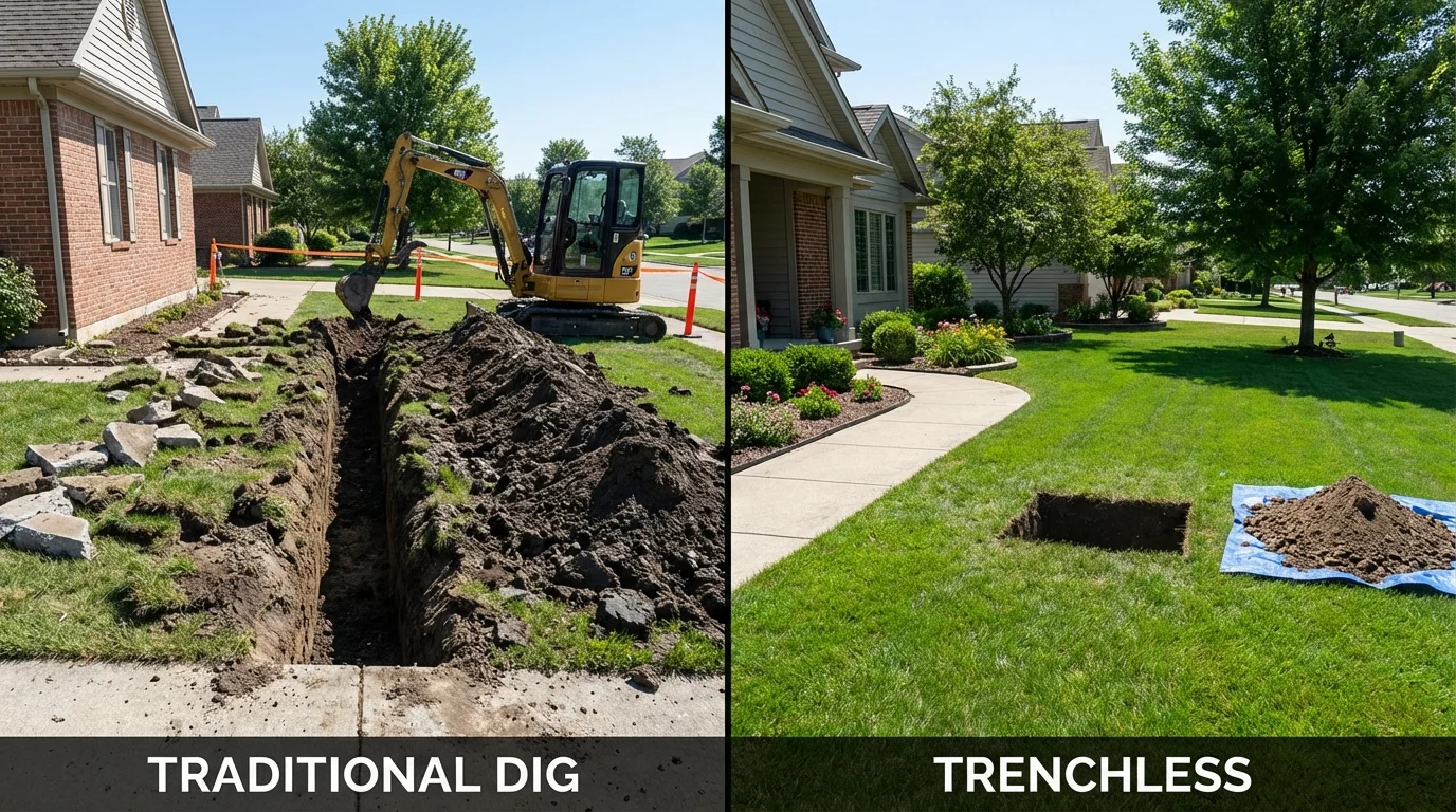 Trenchless sewer repair with minimal yard damage versus traditional excavation in Morris, IL