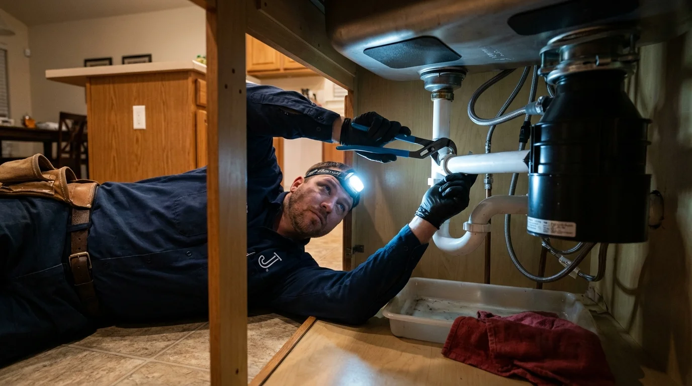 P-trap and supply line connections under a kitchen sink showing a common leak point in Morris, IL